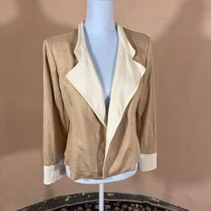 St. John Camel & Cream Two-Tone Open-Front Knit Blazer Jacket | Size 14